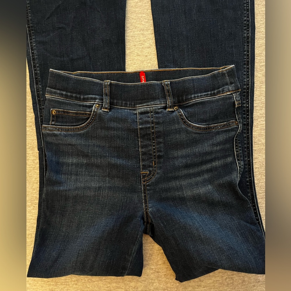 SPANX flare dark wash denim stretch pants, size small